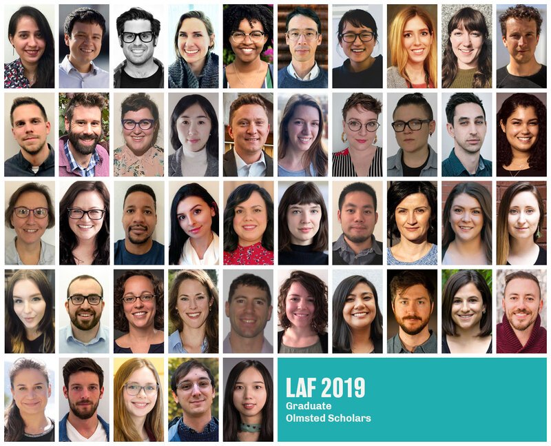 Grid with headshots of the 45 graduate 2019 LAF Olmsted Scholars